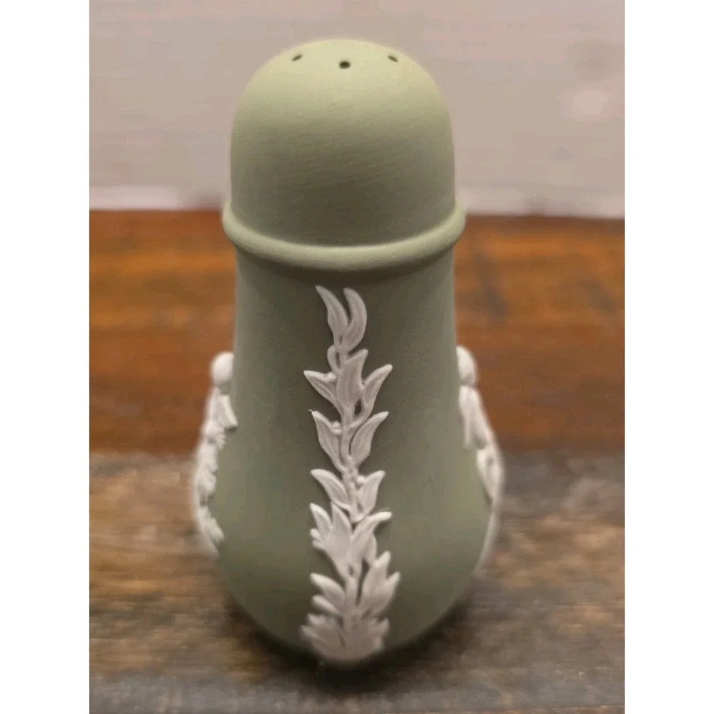 Vintage Wedgwood Jasperware Sage Green Salt & Pepper Shaker Set Cherub England